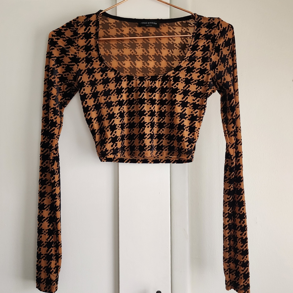 Naked Wardrobe Black and Brown Long Sleeve Fitted Crop Top